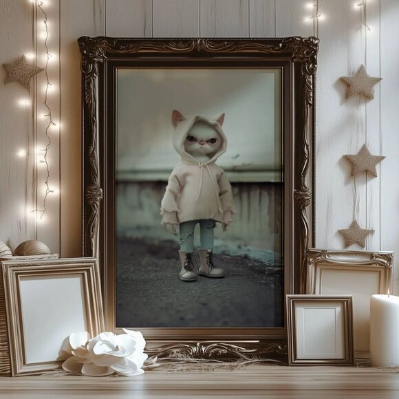 Original Cat with Hoodie Art Print + Digital Copy, Anthropomorphic Cat - Picture 4 of 10